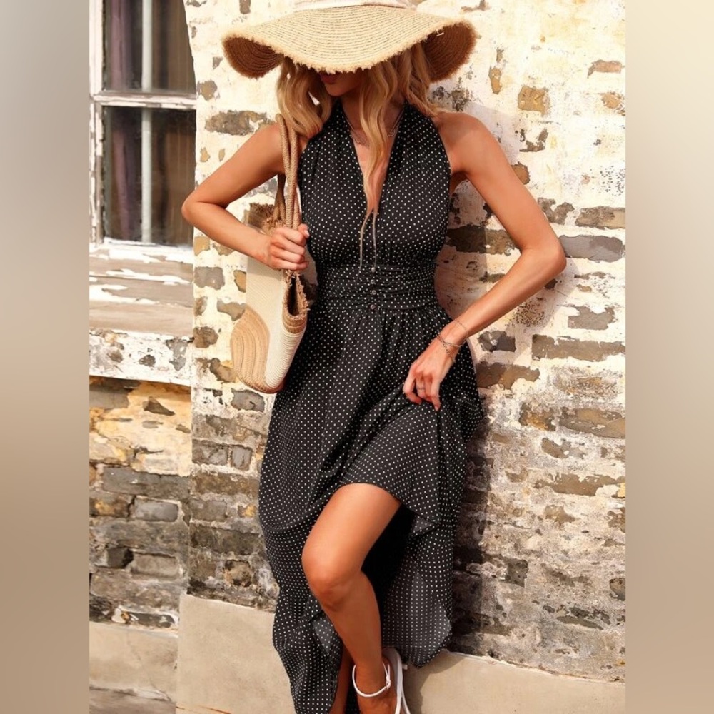 Polka Dot Black Halter Maxi Dress